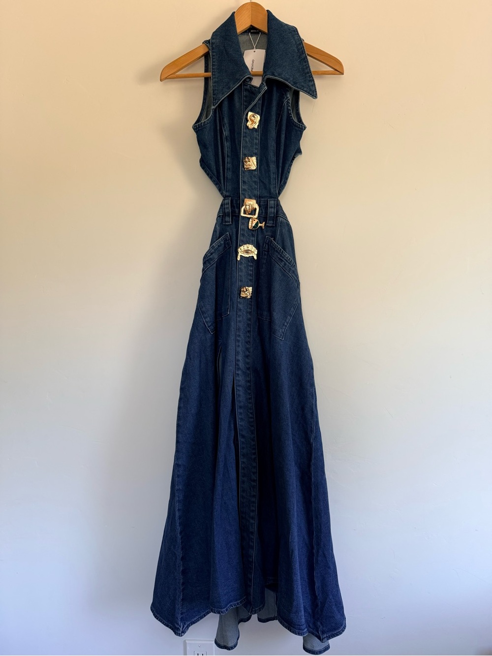 Urban Revivo Cutout Denim Maxi Dress XS Dark Wash Sleeveless Belted Statement - Picture 2 of 5
